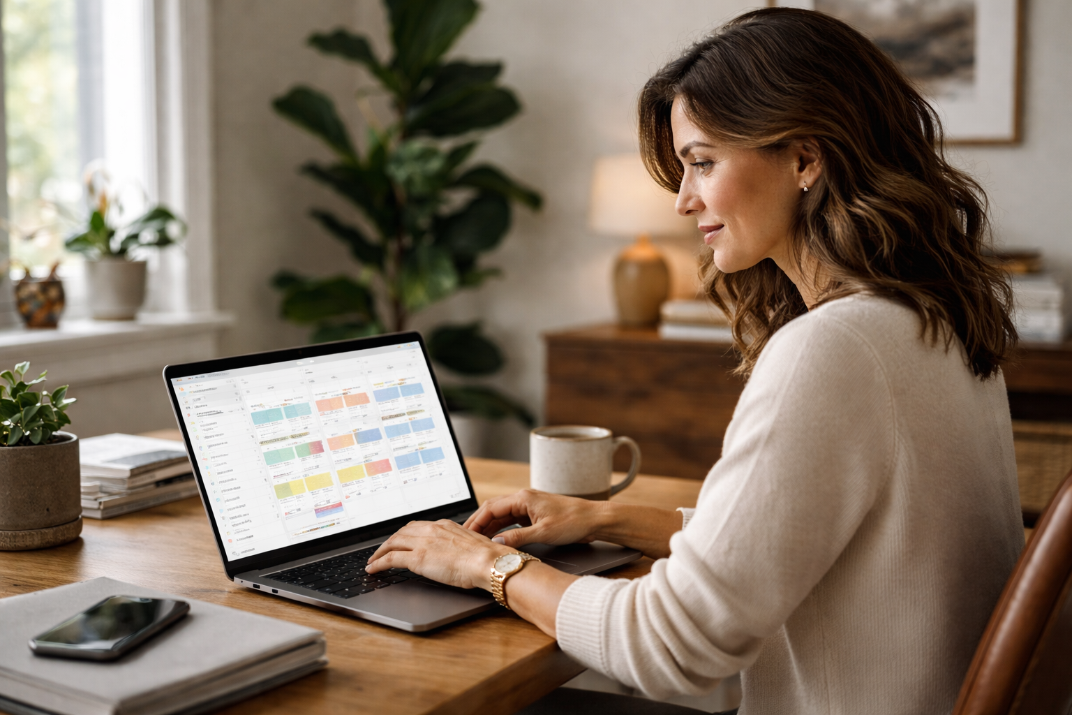 Working in a well-lit home office